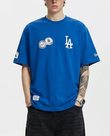 Baju Kaos New Era MLB New York Yankees NY/Los Angeles Dodgers LA Bottle Cap Badge Short Sleeve Blue