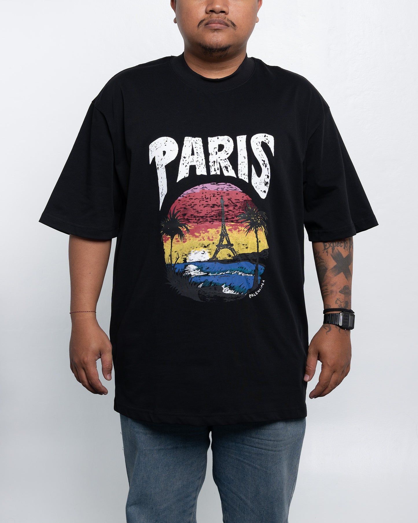 Kaos Balenciaga Black T-Shirt With Paris Tropical Print