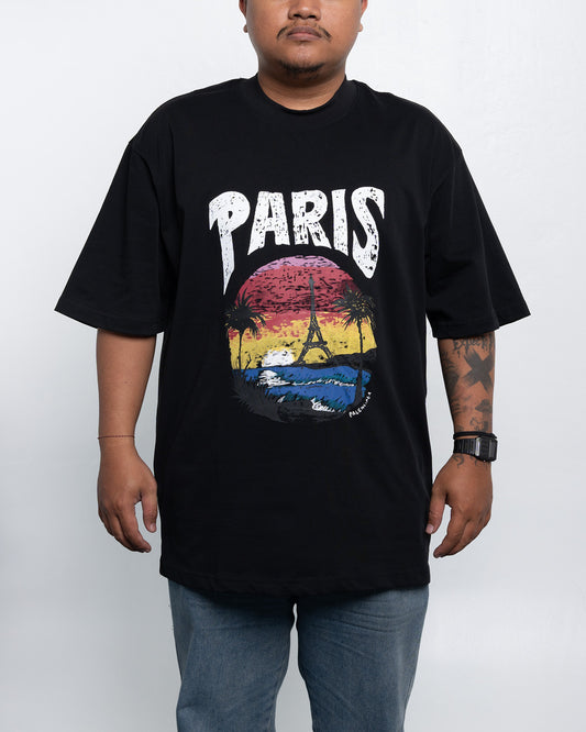 Kaos Balenciaga Black T-Shirt With Paris Tropical Print